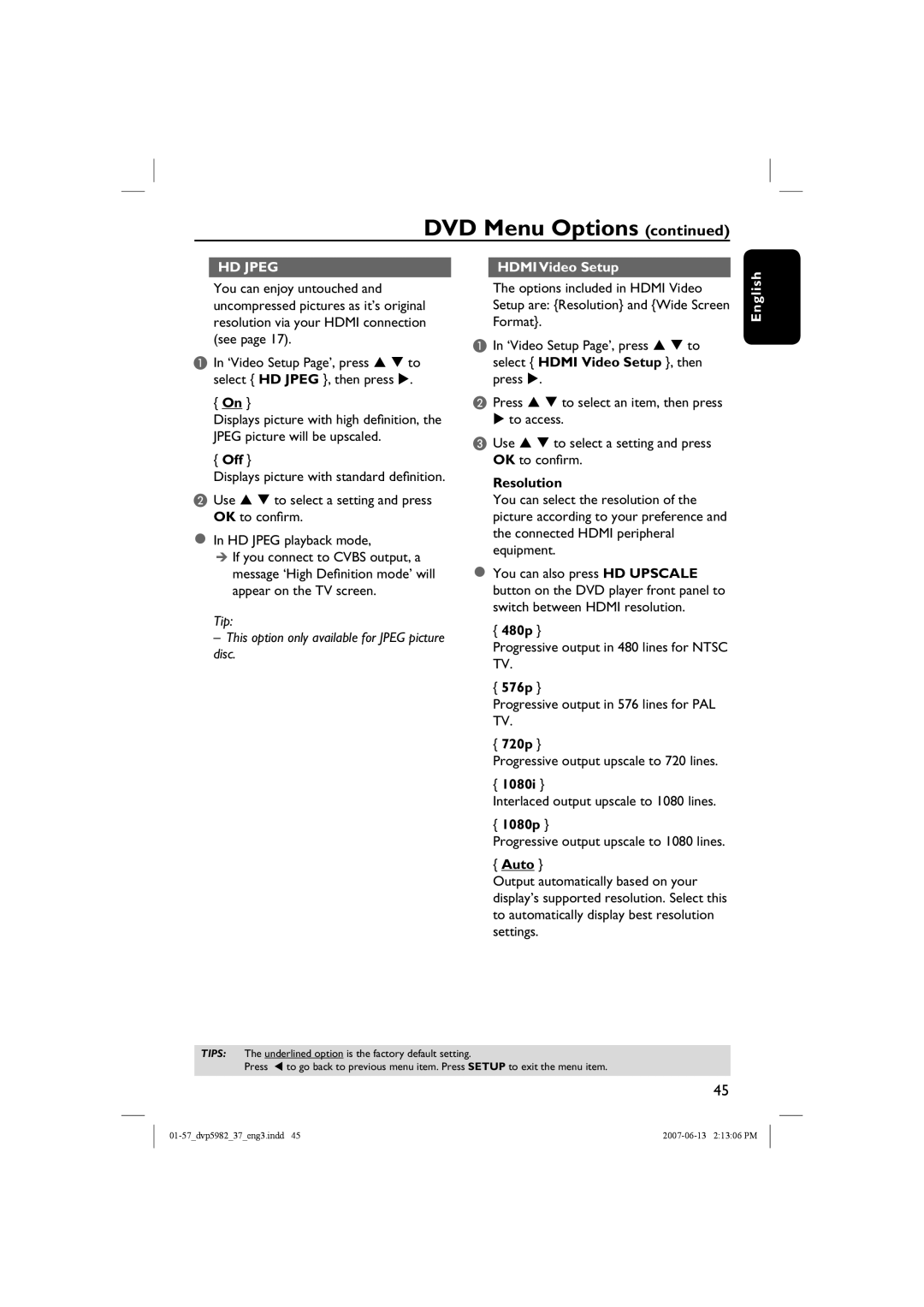 Philips DVP5982 quick start Hdmi Video Setup 