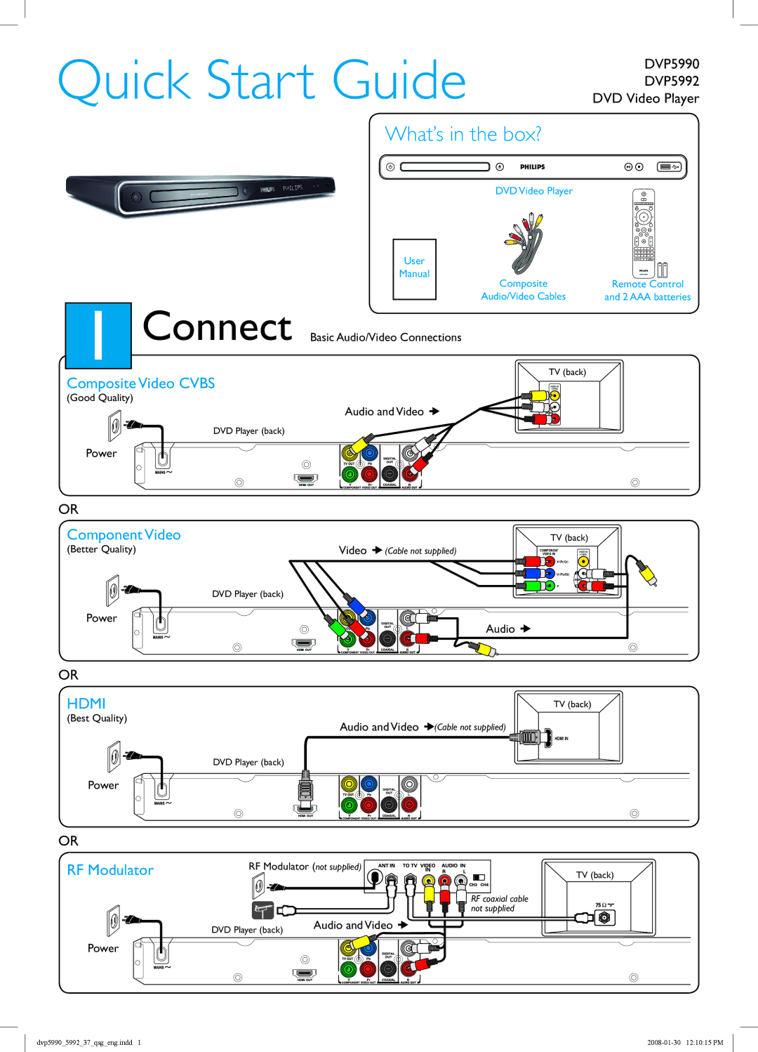 Philips DVP5990, DVP5992 quick start Connect, Composite Video Cvbs, Component Video, RF Modulator 