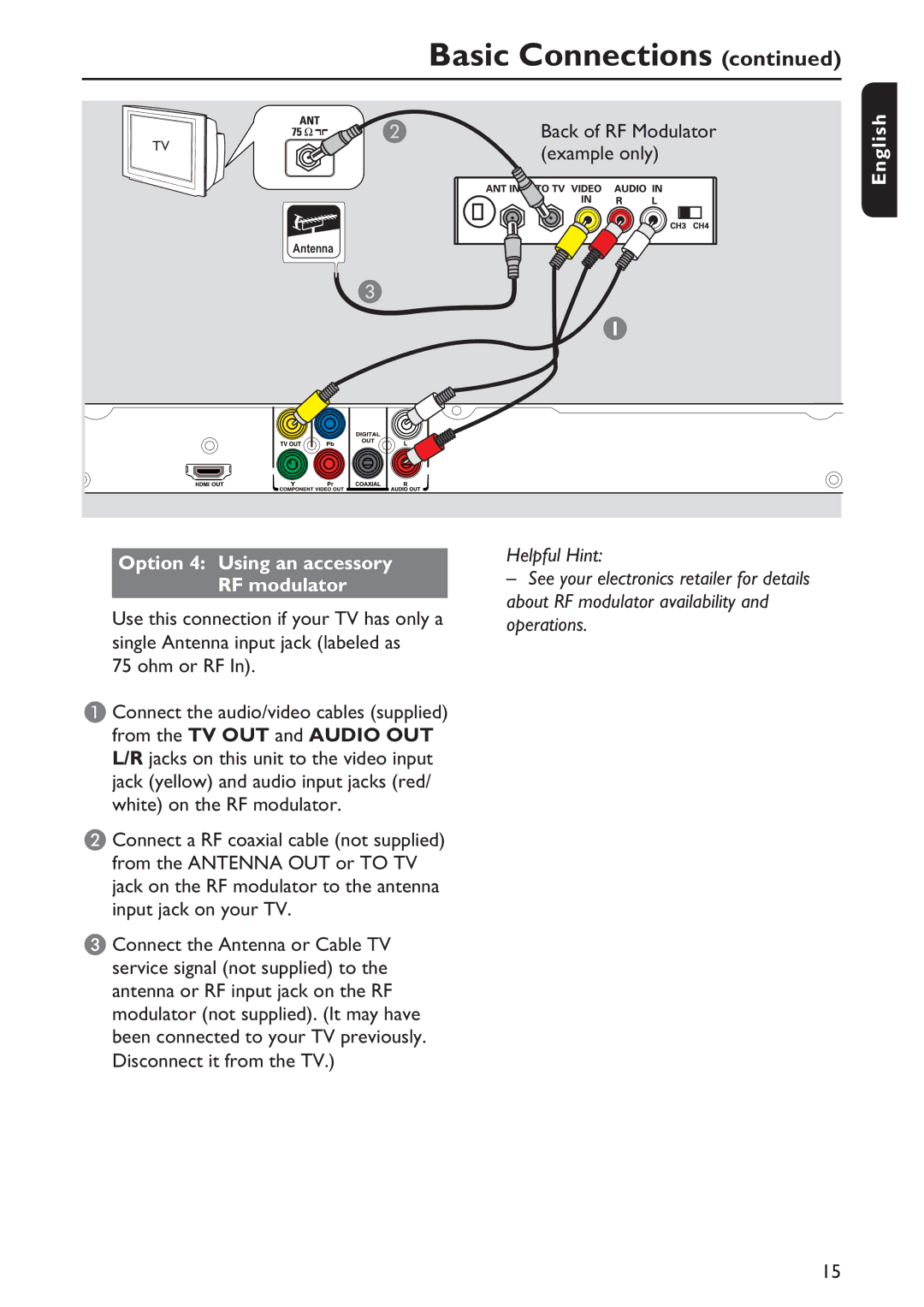 Philips DVP5992/F7E quick start Example only, ah Option 4 Using an accessory RF modulator 