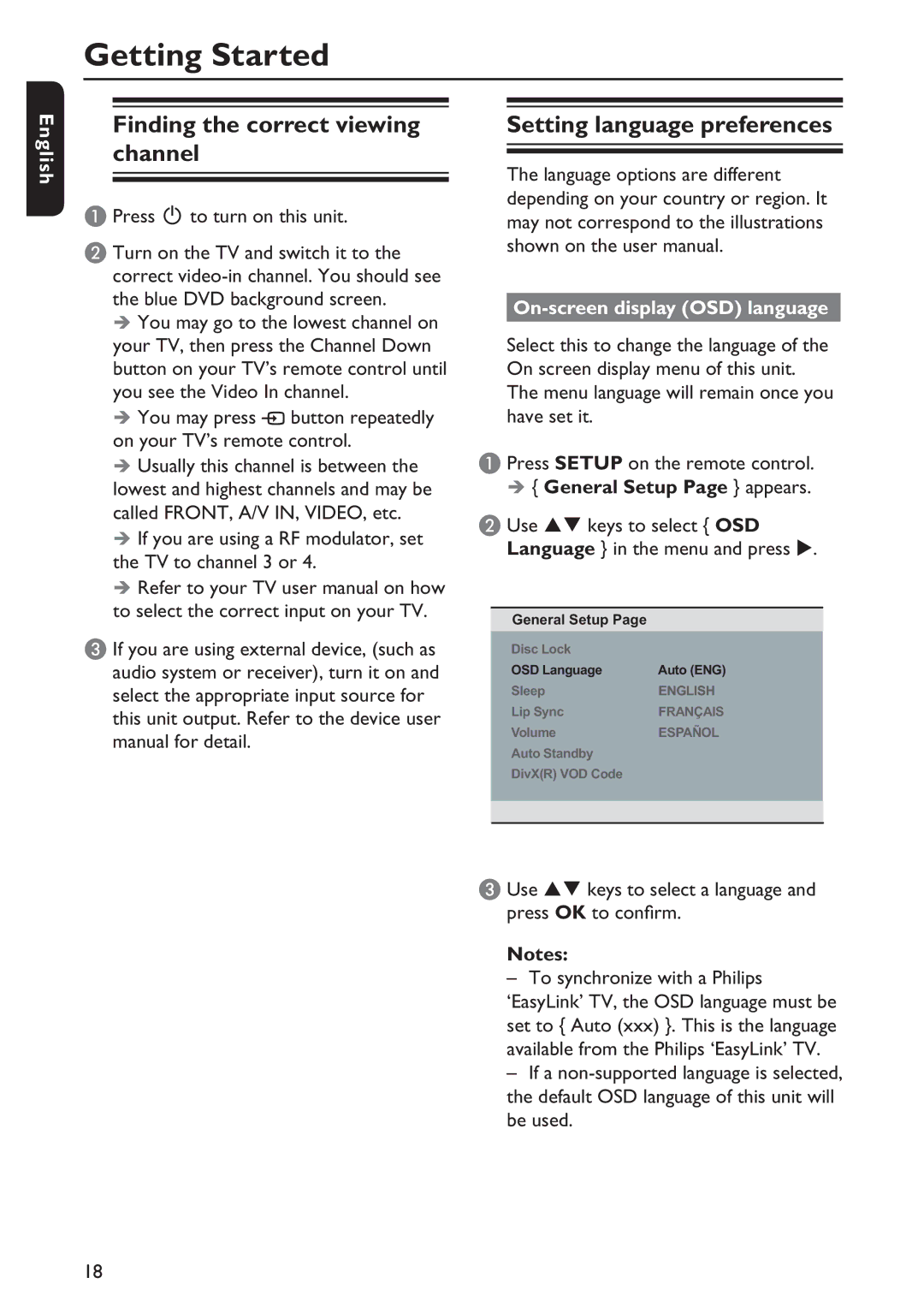 Philips DVP5992/F7E quick start Getting Started, Finding the correct viewing channel, Setting language preferences 