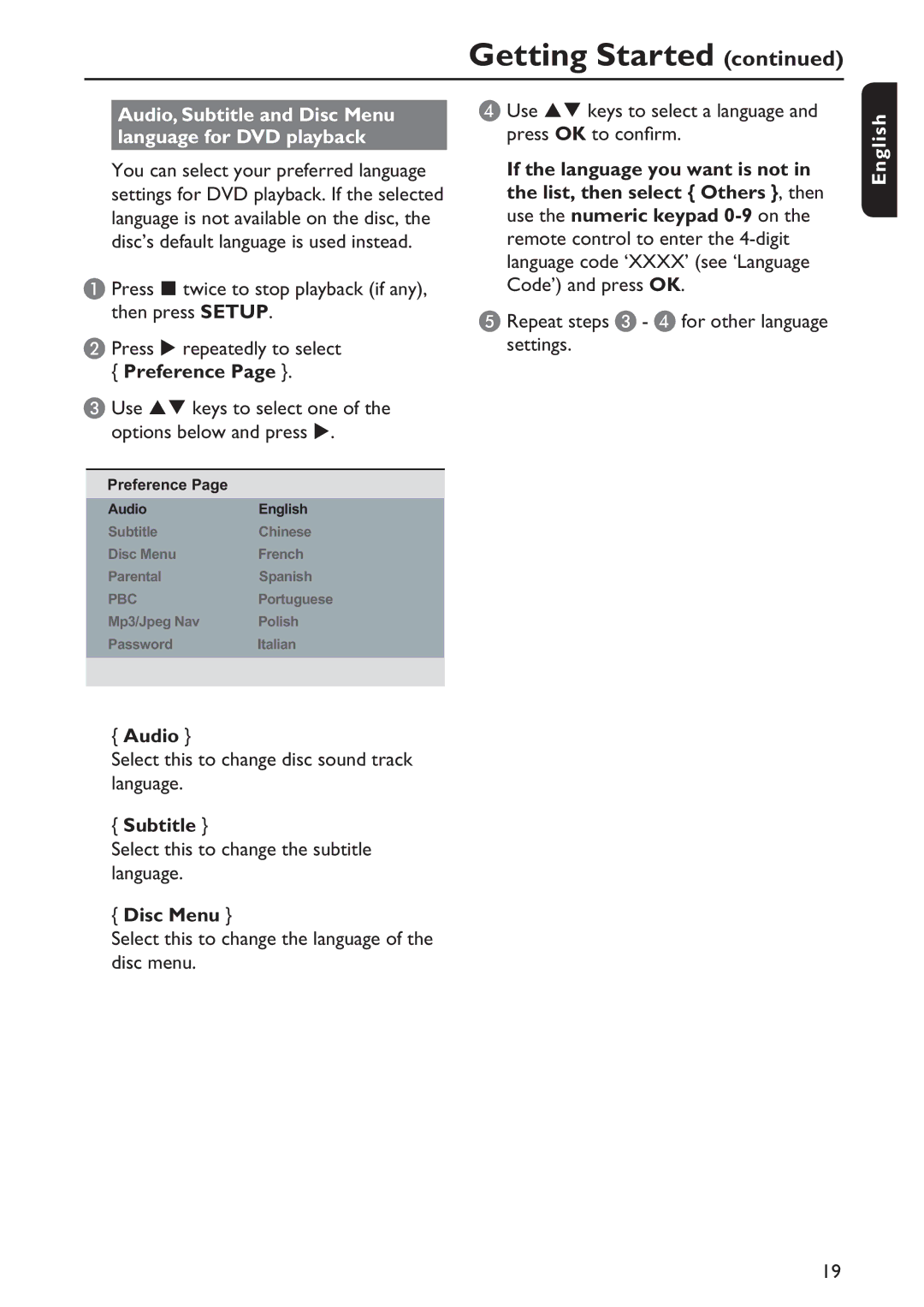 Philips DVP5992/F7E quick start Audio, Subtitle and Disc Menu language for DVD playback, Preference 