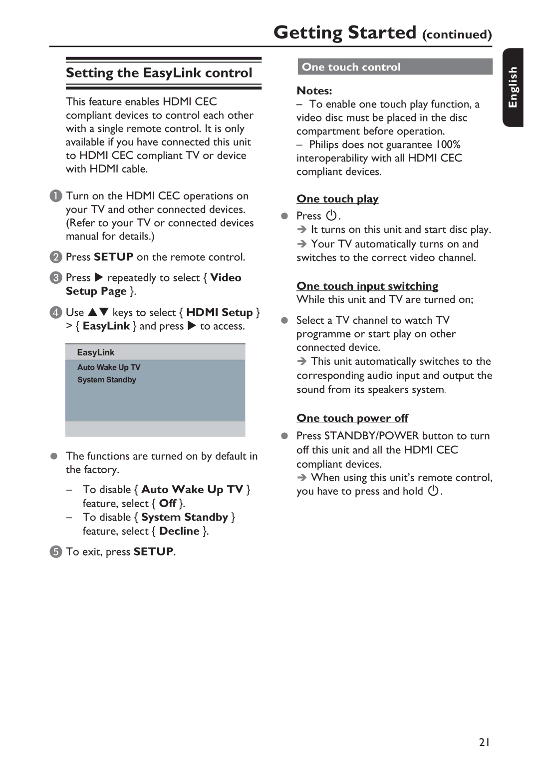 Philips DVP5992/F7E quick start Setting the EasyLink control, One touch control, One touch play, One touch input switching 