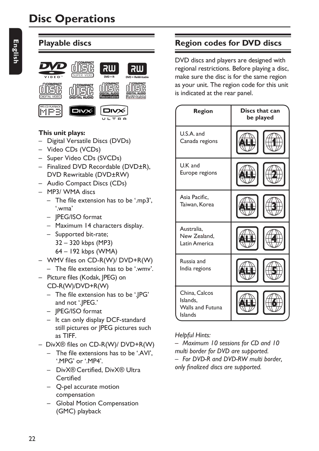 Philips DVP5992/F7E quick start Disc Operations, Playable discs Region codes for DVD discs, This unit plays 