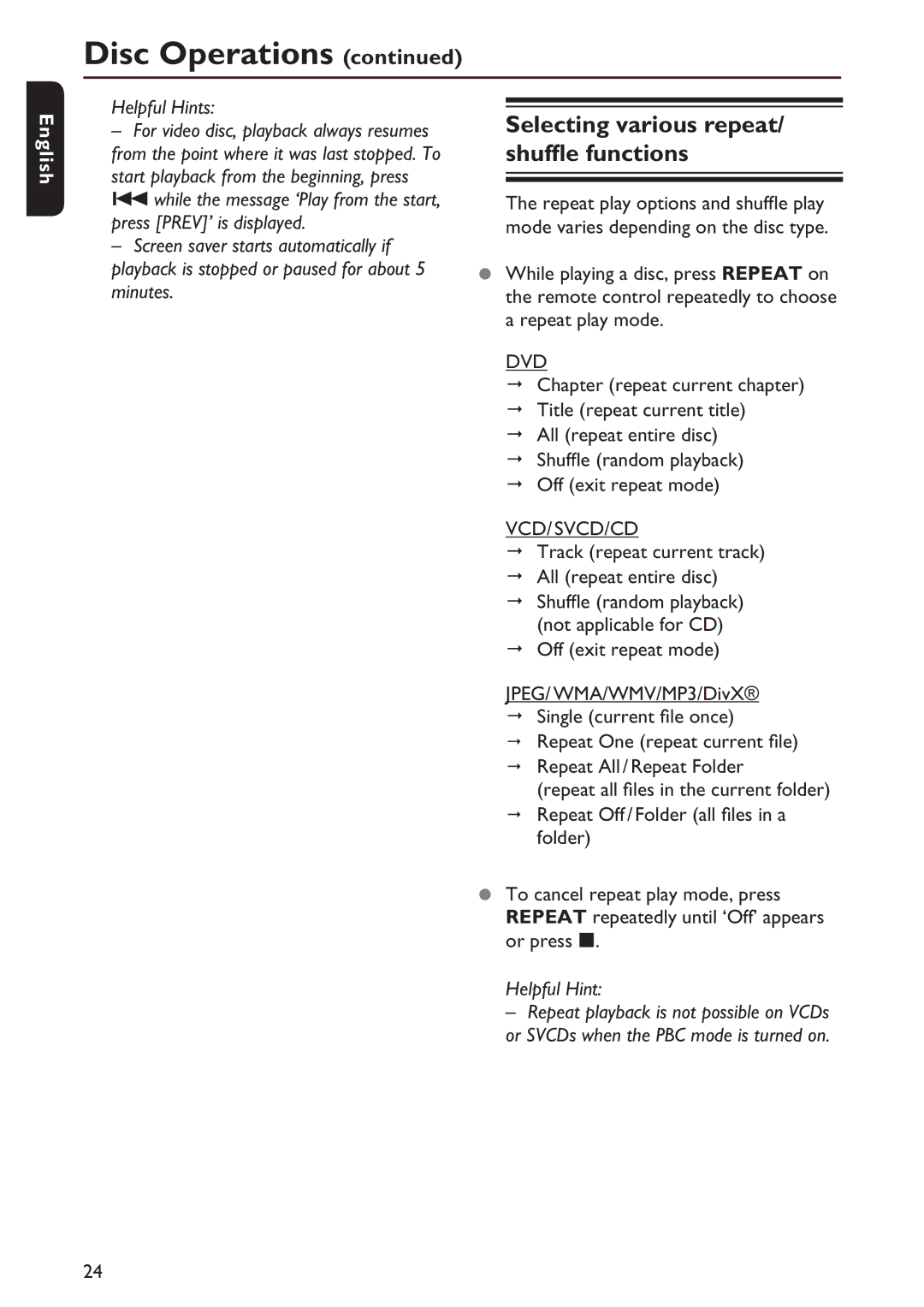 Philips DVP5992/F7E quick start Selecting various repeat/ shuffle functions 