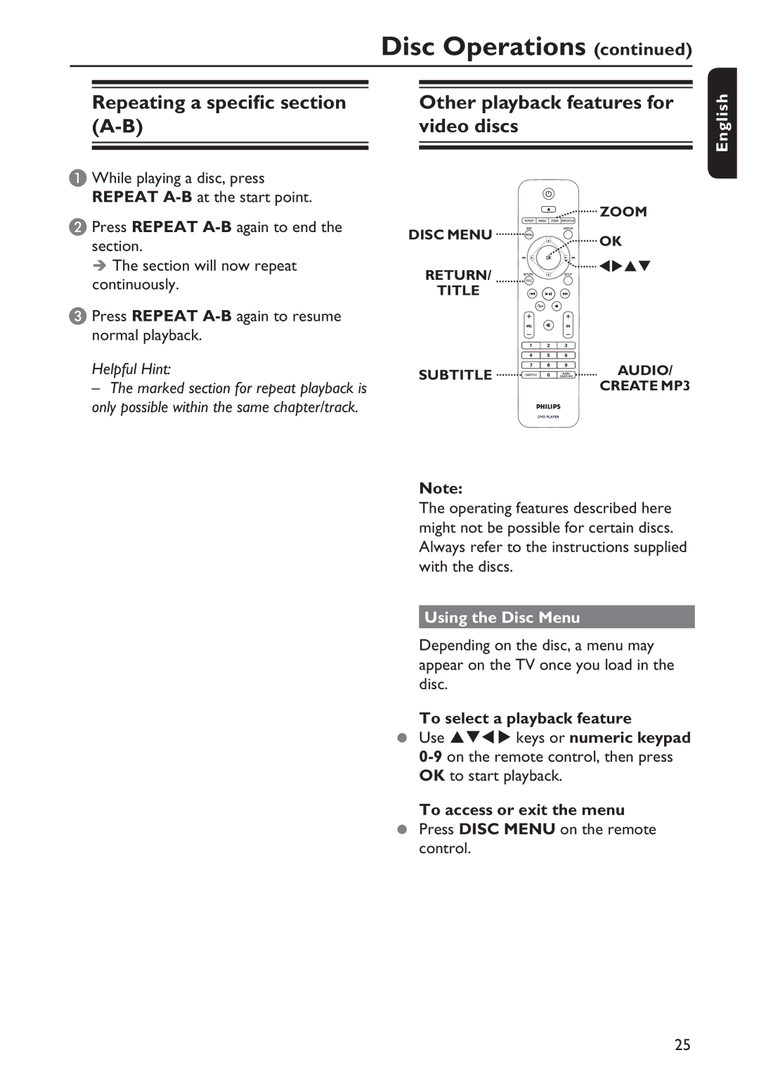 Philips DVP5992/F7E quick start Using the Disc Menu, To select a playback feature Use keys or numeric keypad 