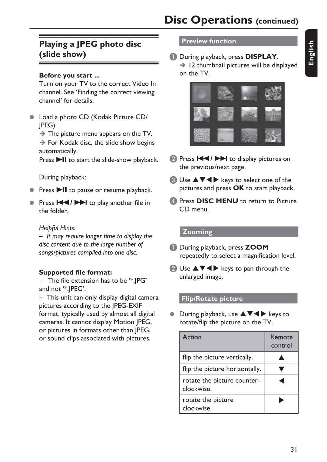 Philips DVP5992/F7E Playing a Jpeg photo disc slide show, Preview function, Supported file format, Flip/Rotate picture 