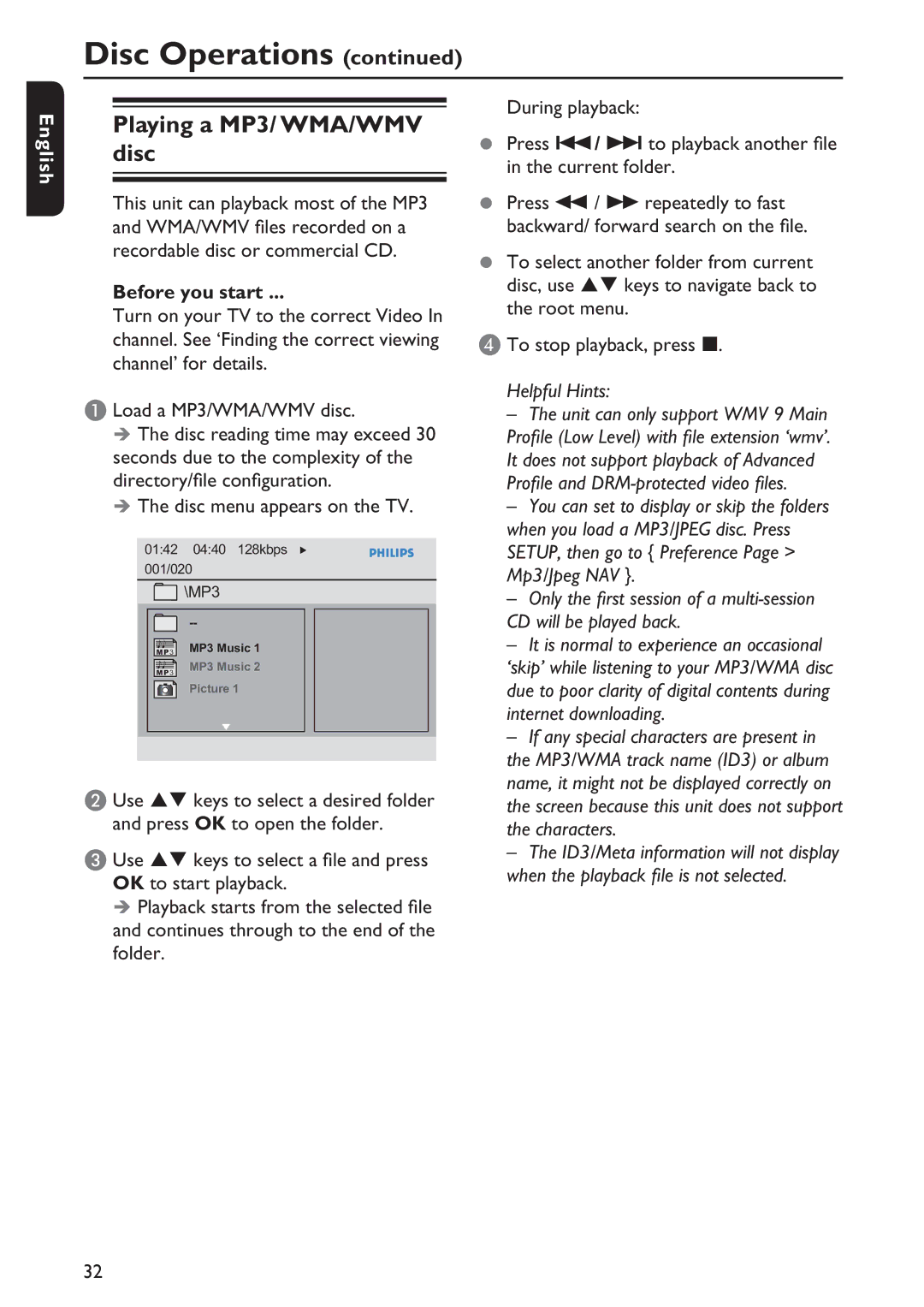 Philips DVP5992/F7E quick start Playing a MP3/ WMA/WMV disc, Press OK to open the folder 