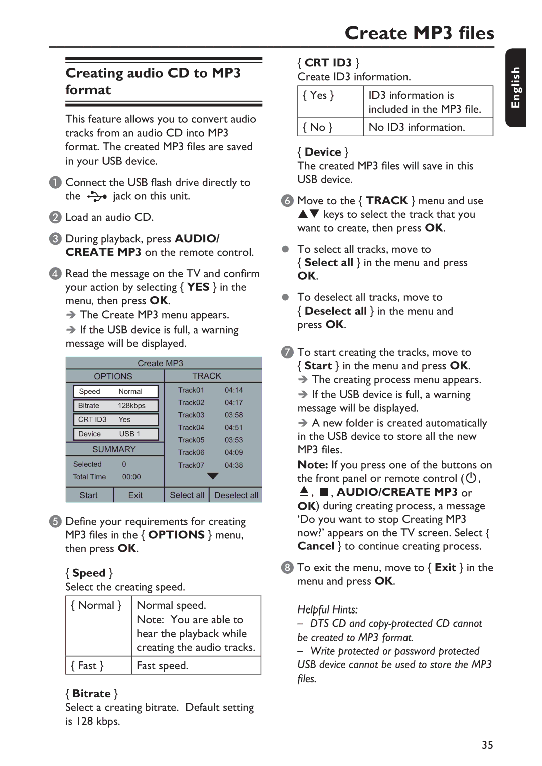 Philips DVP5992/F7E quick start Create MP3 files, Creating audio CD to MP3 format 