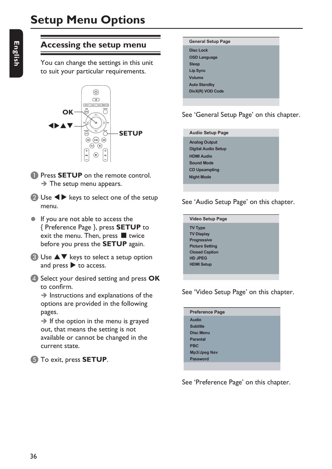 Philips DVP5992/F7E quick start Setup Menu Options, Accessing the setup menu 