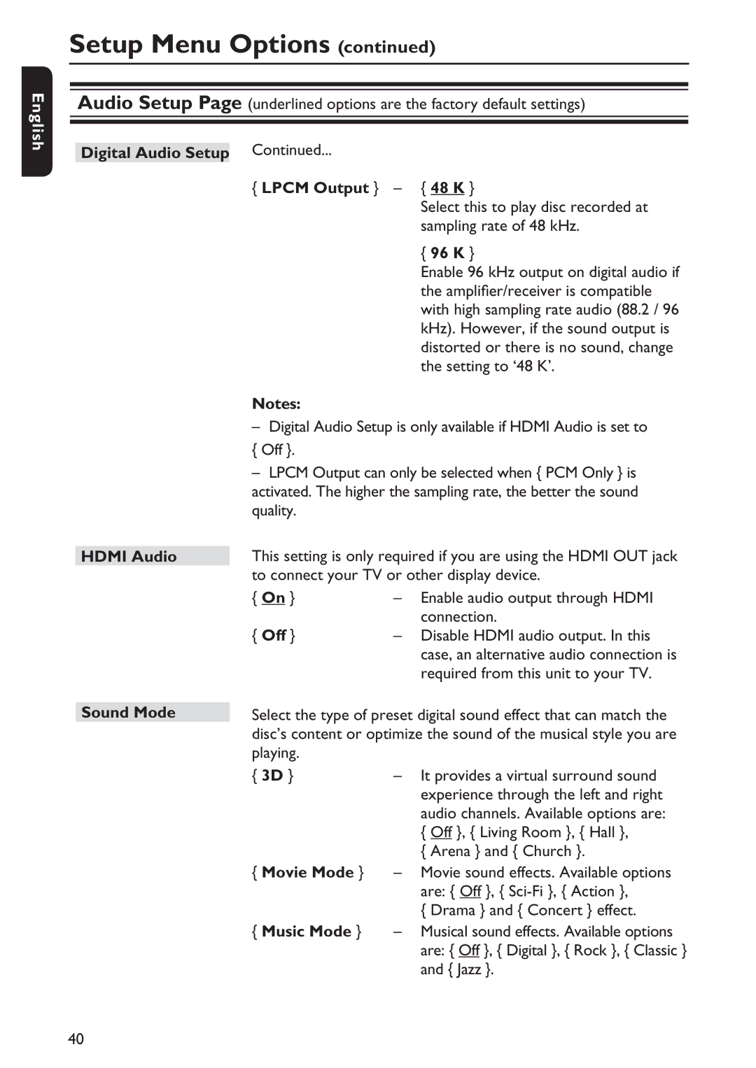 Philips DVP5992/F7E quick start Digital Audio Setup Lpcm Output, 96 K, Hdmi Audio, Sound Mode, Movie Mode, Music Mode 