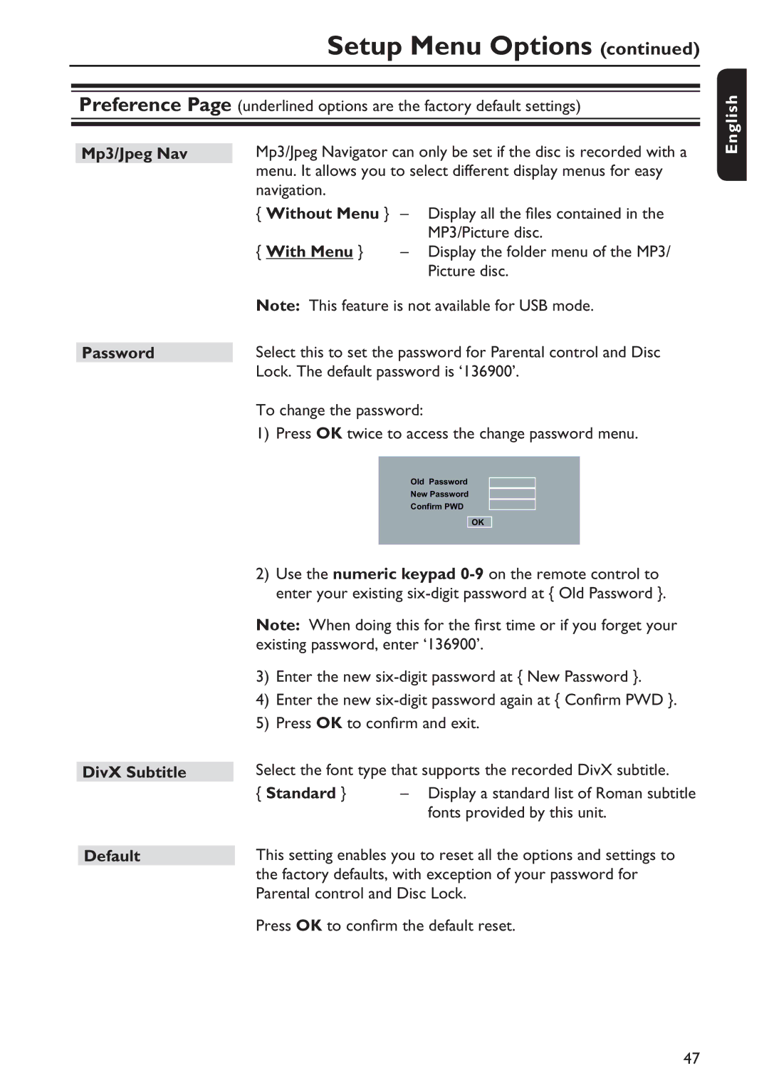 Philips DVP5992/F7E Mp3/Jpeg Nav Password, DivX Subtitle Default, Standard, Display a standard list of Roman subtitle 