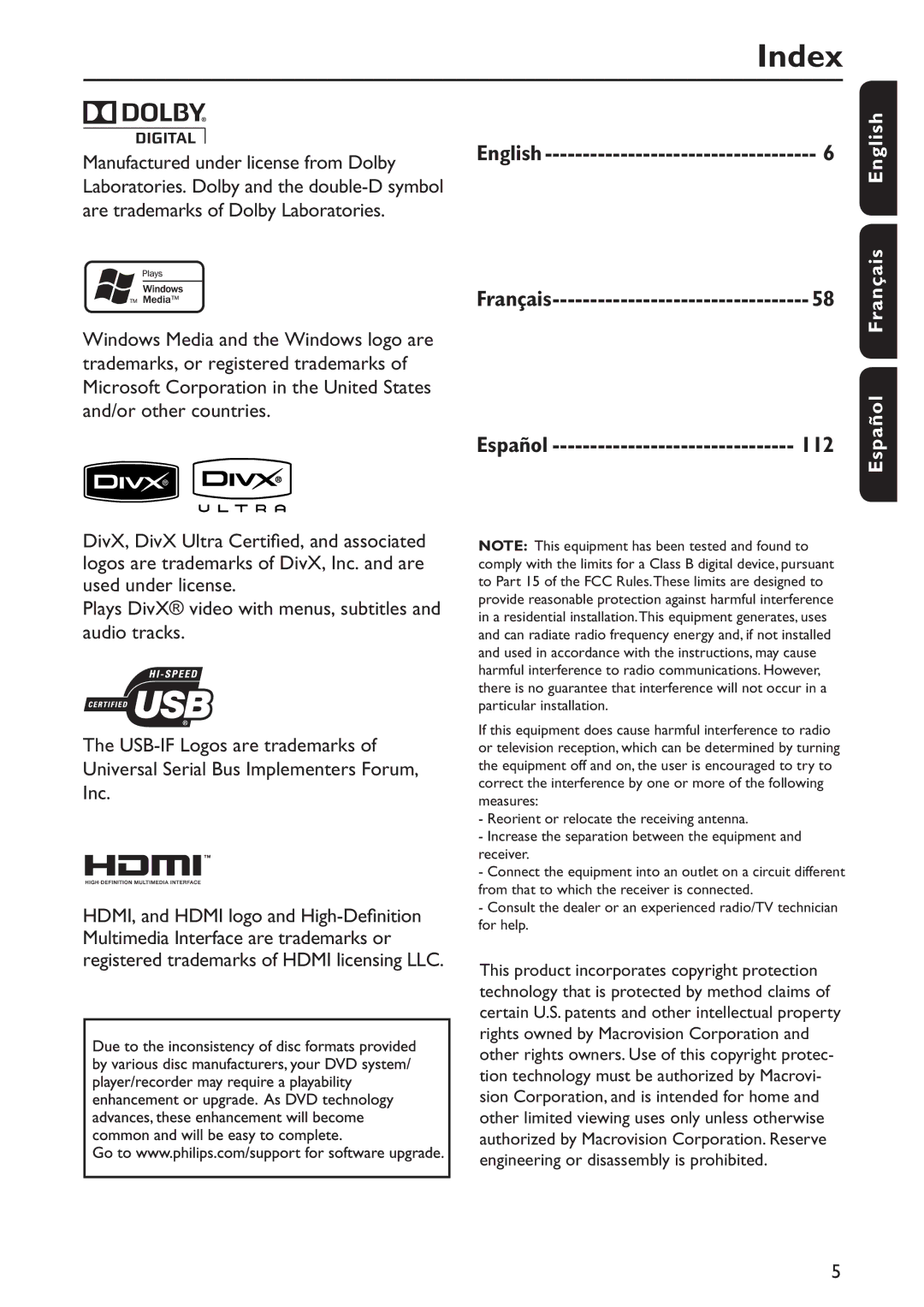 Philips DVP5992/F7E quick start Index, Français English 