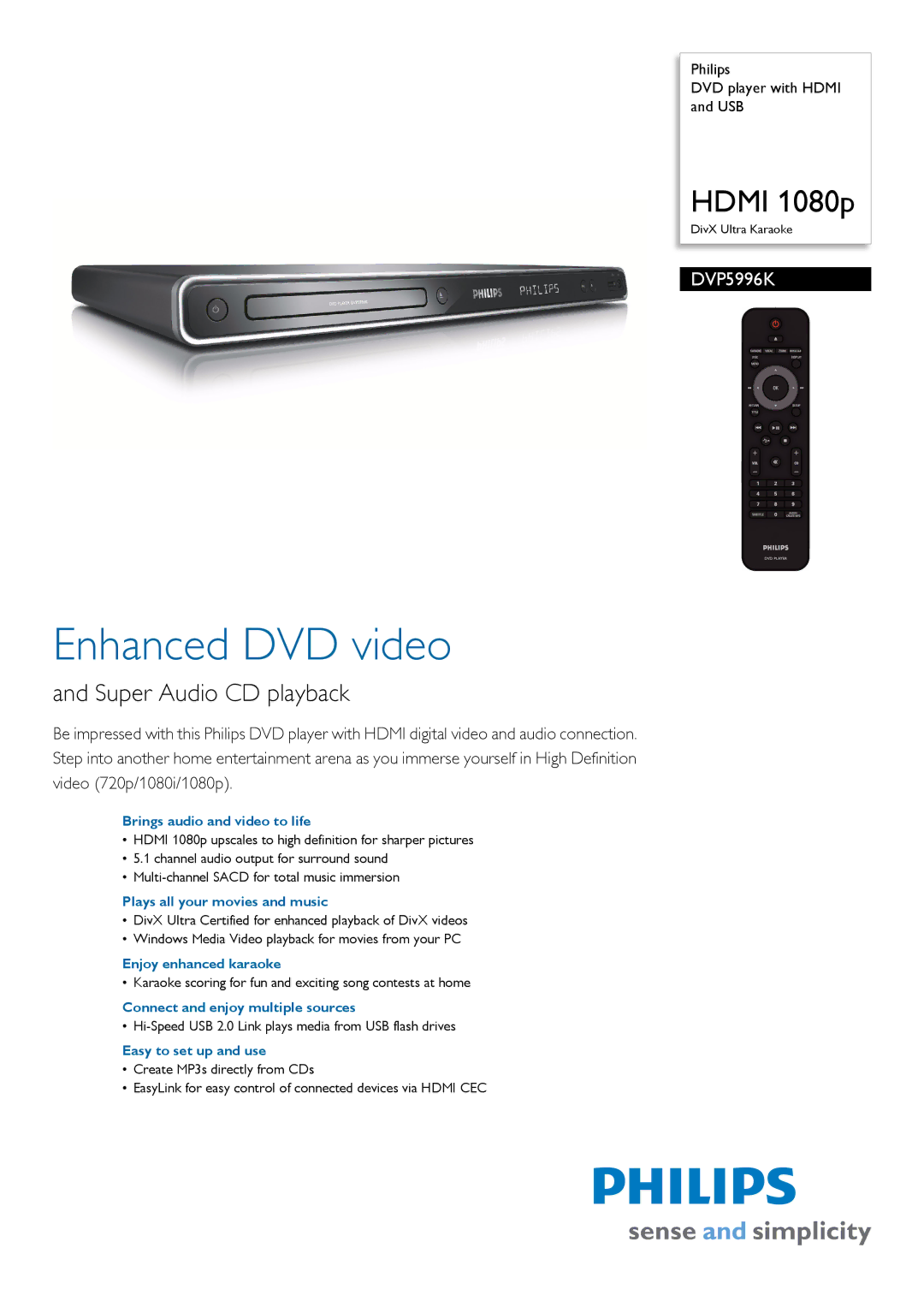 Philips DVP5996K/98 manual Brings audio and video to life, Plays all your movies and music, Enjoy enhanced karaoke 