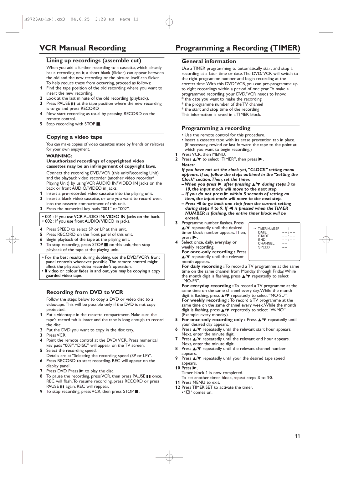 Philips DVP620VR manual VCR Manual Recording 