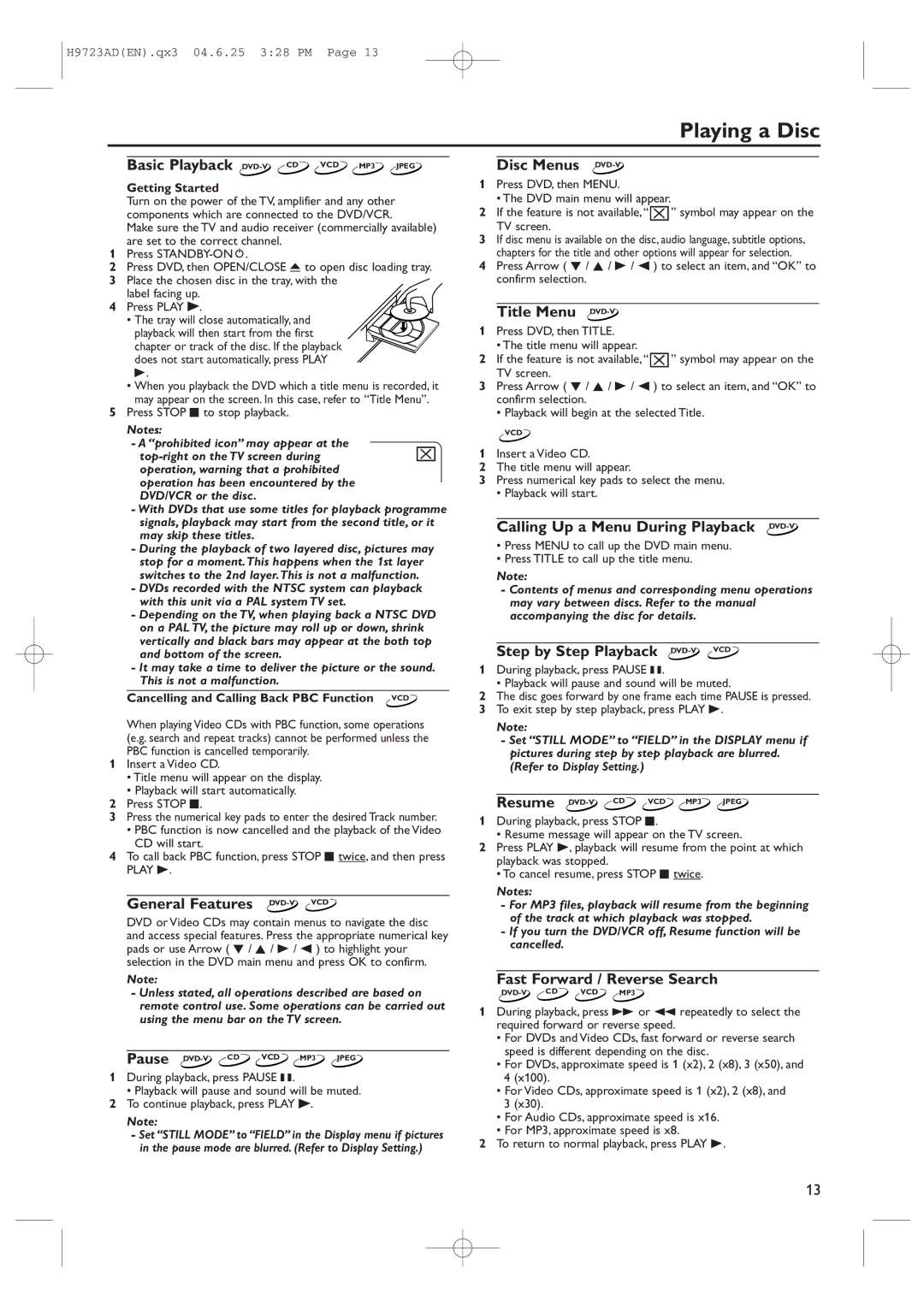 Philips DVP620VR manual Playing a Disc 