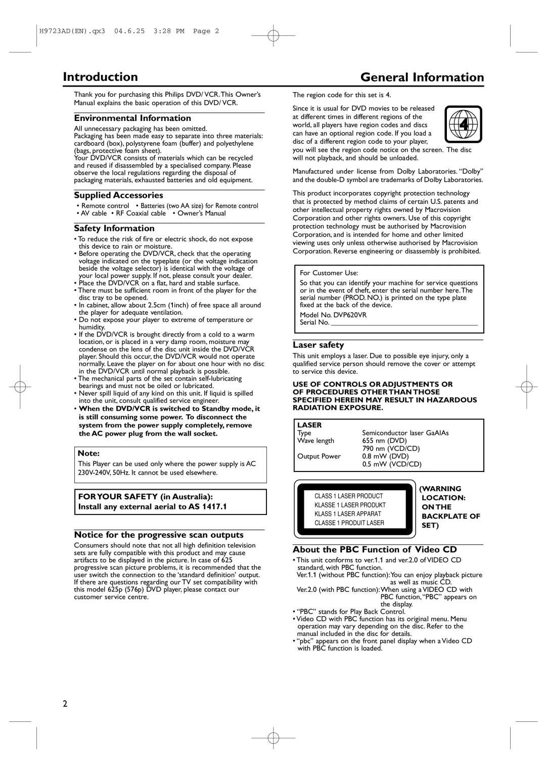 Philips DVP620VR manual Introduction 