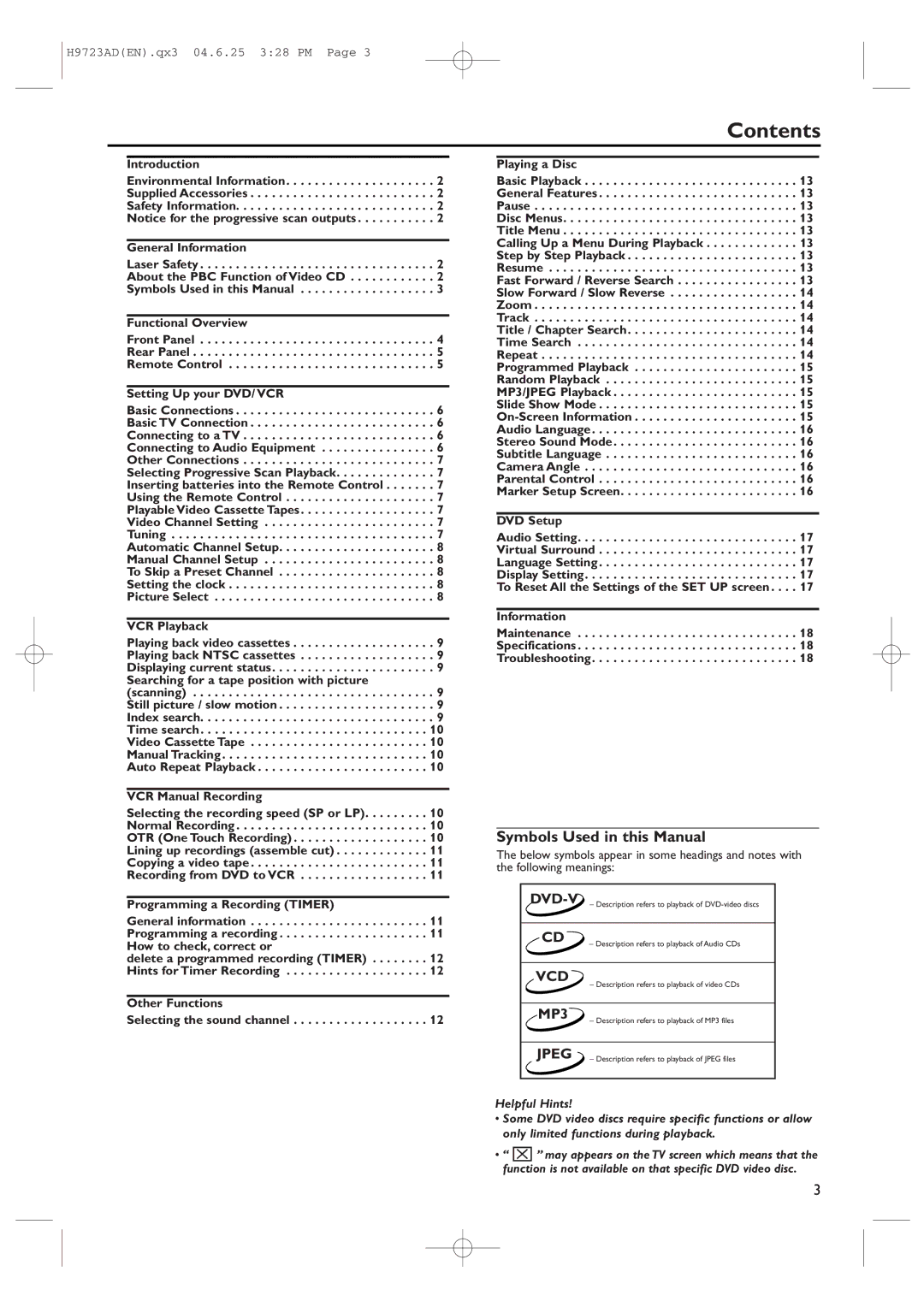 Philips DVP620VR manual Contents 