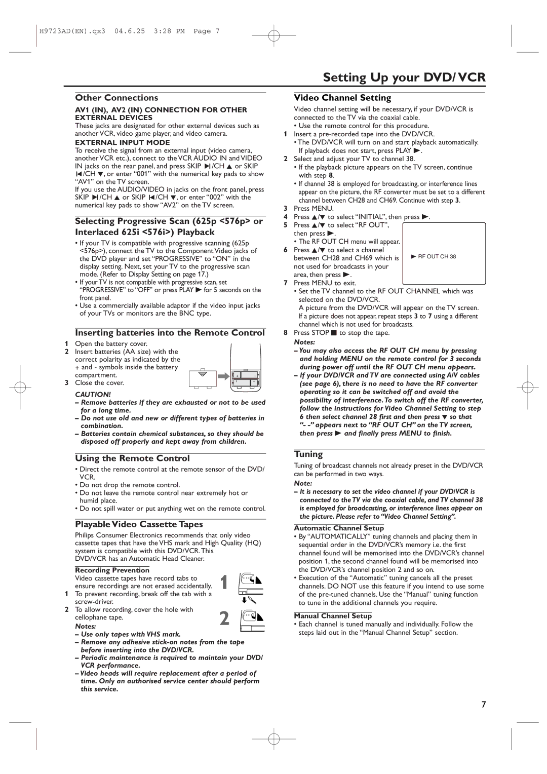 Philips DVP620VR manual Other Connections, Inserting batteries into the Remote Control, Video Channel Setting, Tuning 