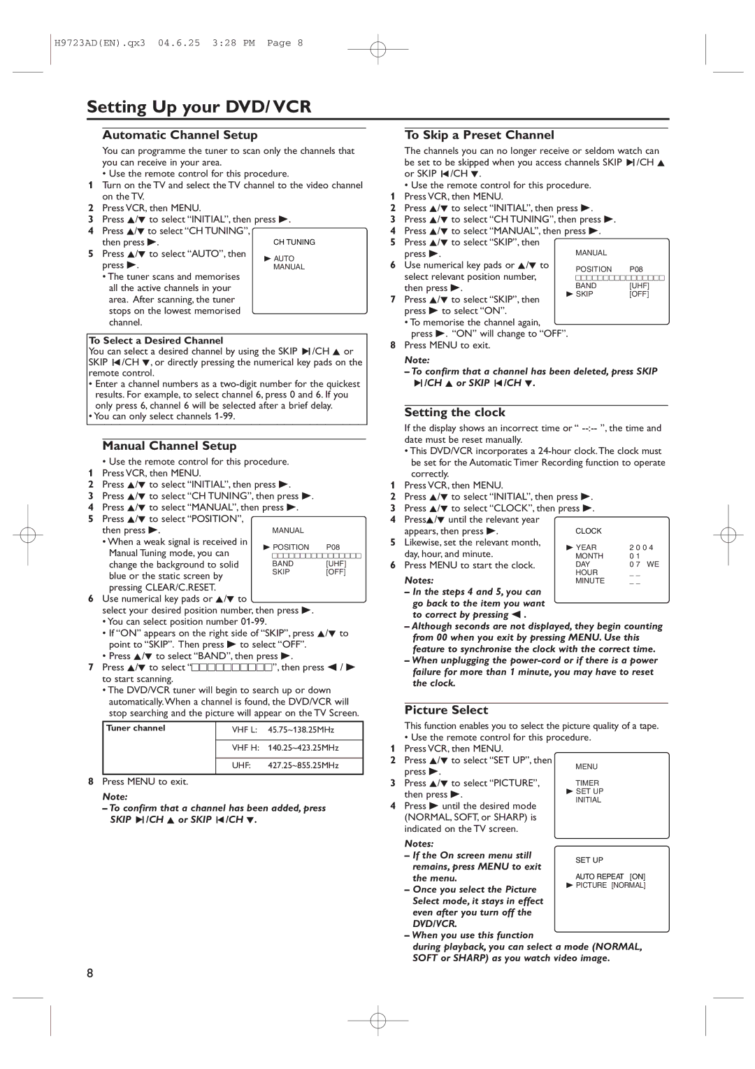 Philips DVP620VR Automatic Channel Setup To Skip a Preset Channel, Setting the clock, Manual Channel Setup, Picture Select 