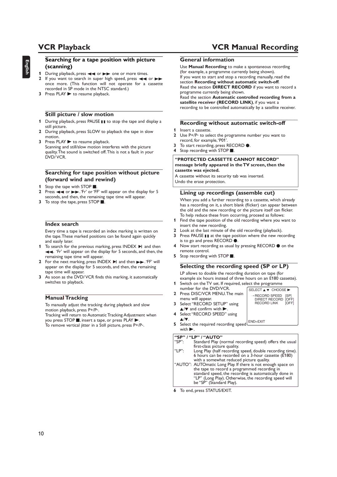 Philips DVP620VR manual VCR Manual Recording 