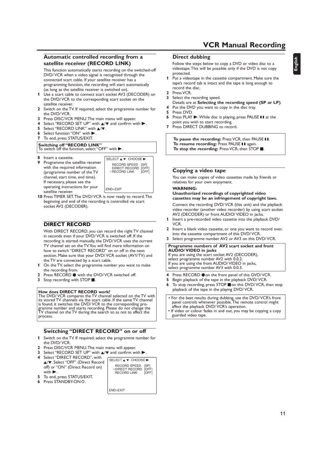 Philips DVP620VR manual VCR Manual Recording, Direct dubbing, Copying a video tape, Switching Direct Record on or off 