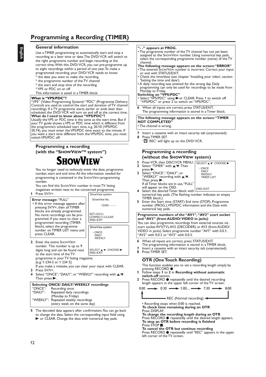 Philips DVP620VR manual Programming a Recording Timer, Programming a recording With the Showviewtm system, Not Completed 