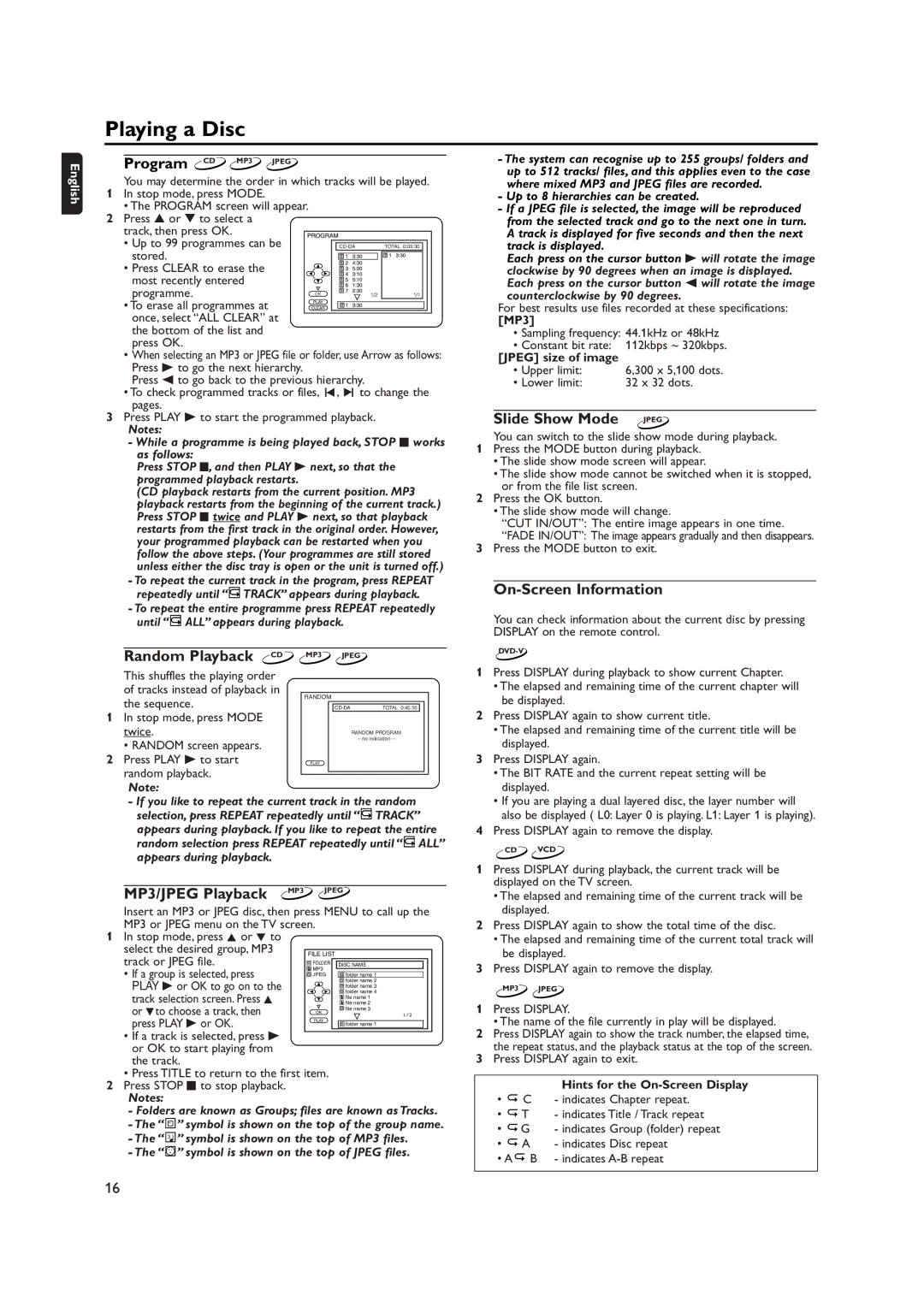 Philips DVP620VR manual Slide Show Mode, On-Screen Information, Random Playback CD, MP3/JPEG Playback MP3 Jpeg 