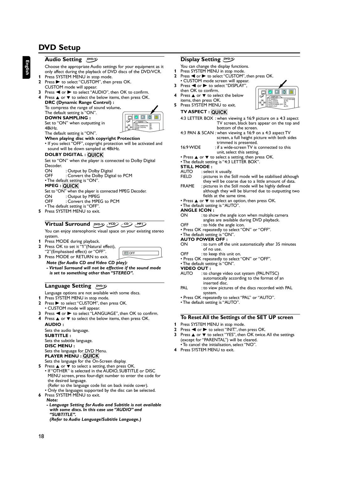 Philips DVP620VR manual DVD Setup 