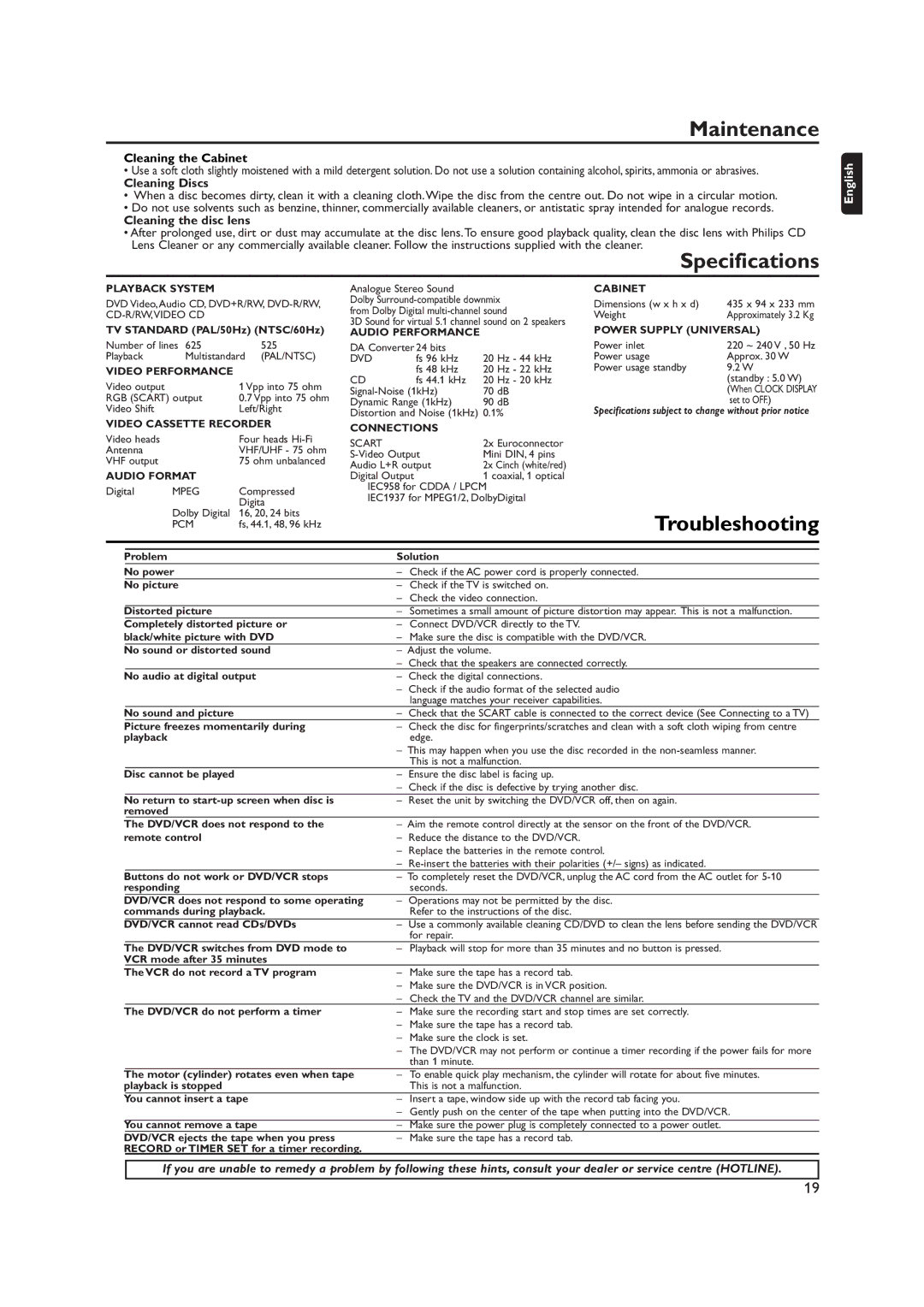 Philips DVP620VR manual Maintenance, Specifications, Troubleshooting 