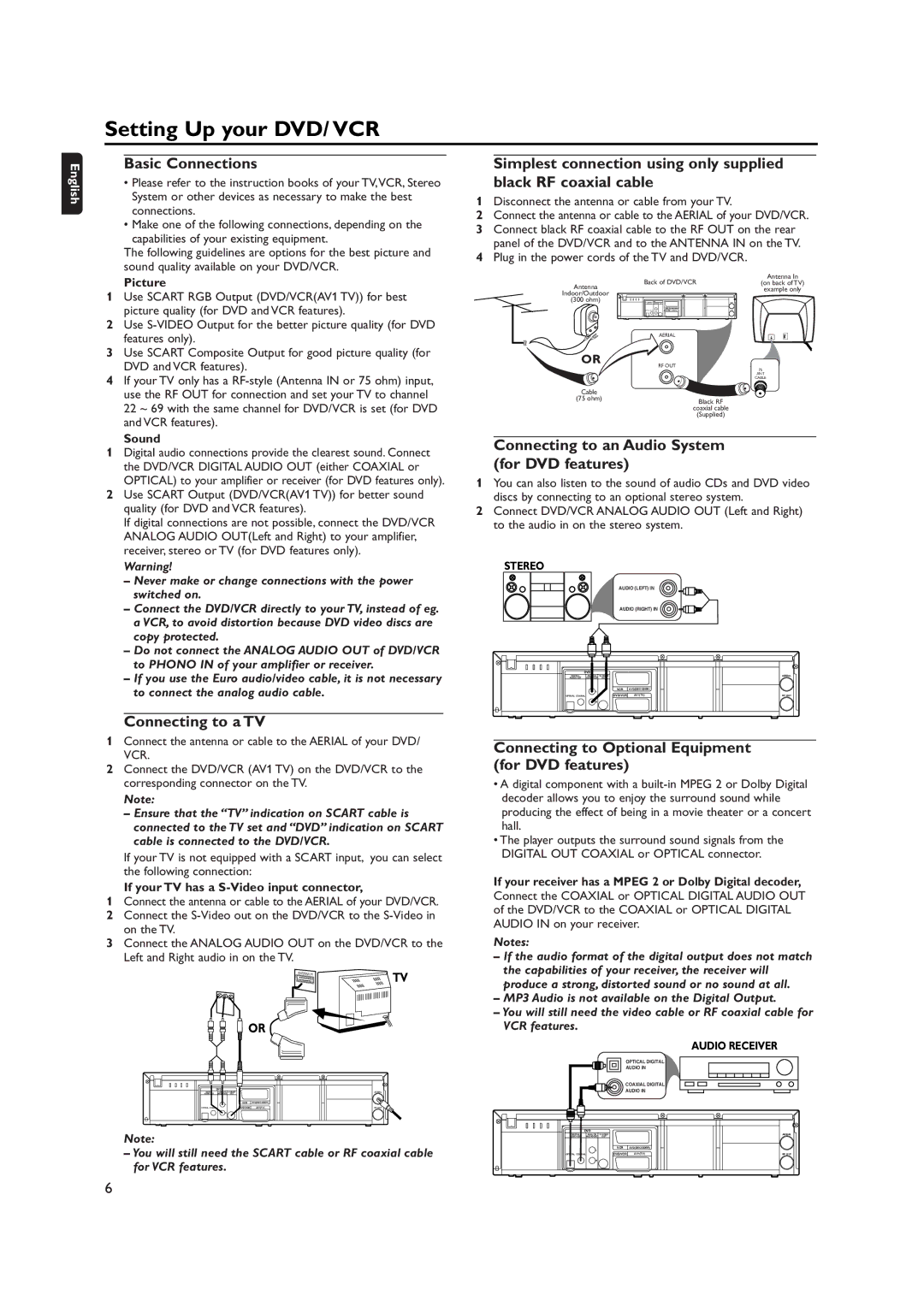 Philips DVP620VR manual Setting Up your DVD/ VCR, Basic Connections, Connecting to an Audio System for DVD features 