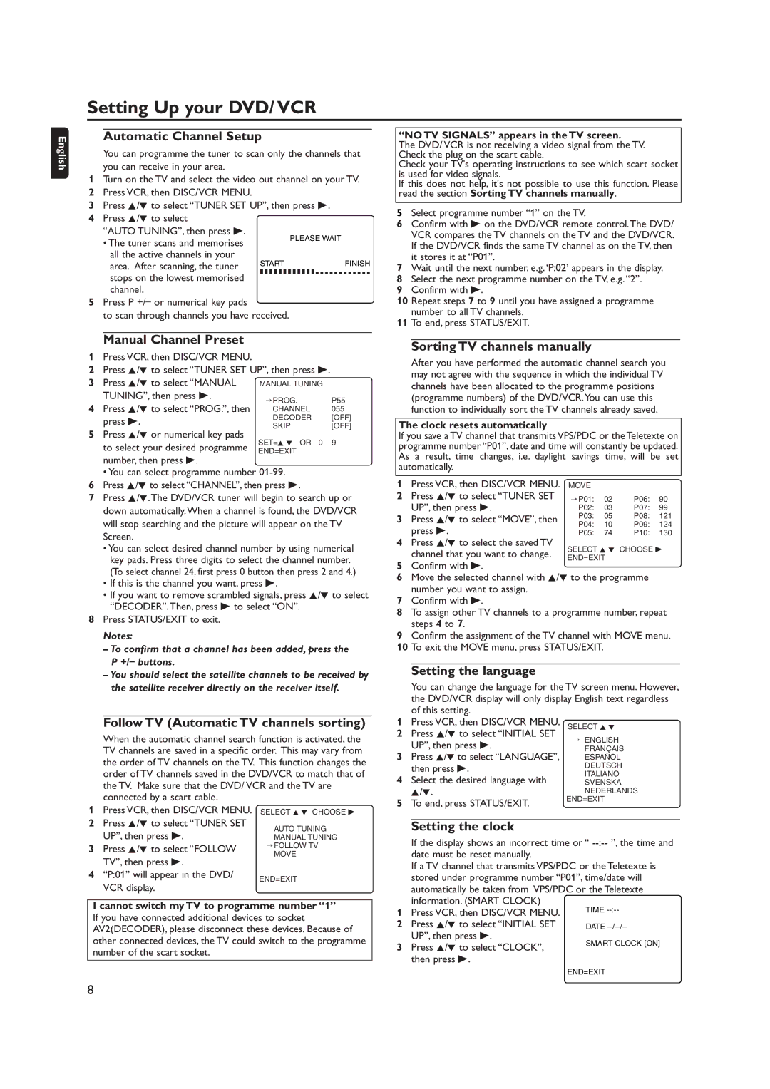 Philips DVP620VR manual Automatic Channel Setup, Manual Channel Preset, Follow TV Automatic TV channels sorting 