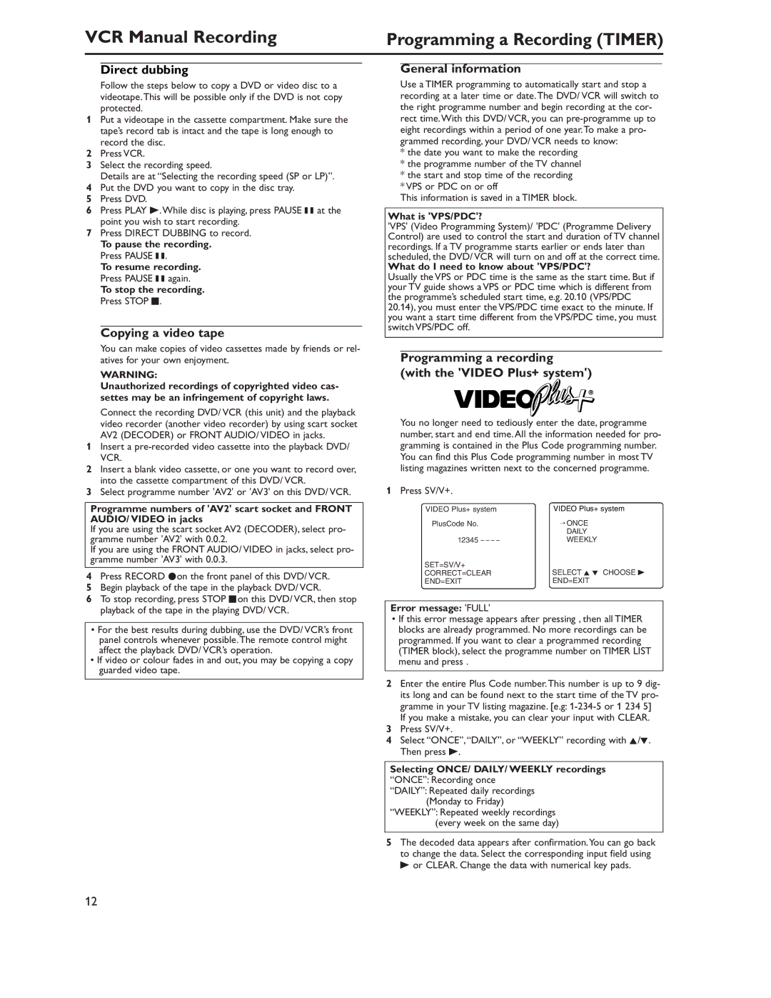 Philips DVP620VRDVP620VR manual Direct dubbing, Copying a video tape, Programming a recording With the Video Plus+ system 