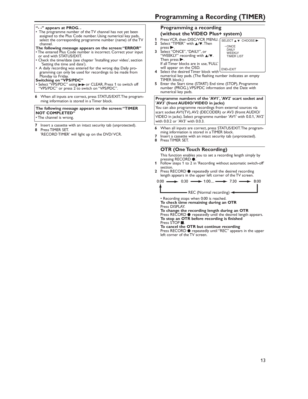 Philips DVP620VRDVP620VR manual Programming a Recording Timer, Programming a recording without the Video Plus+ system 