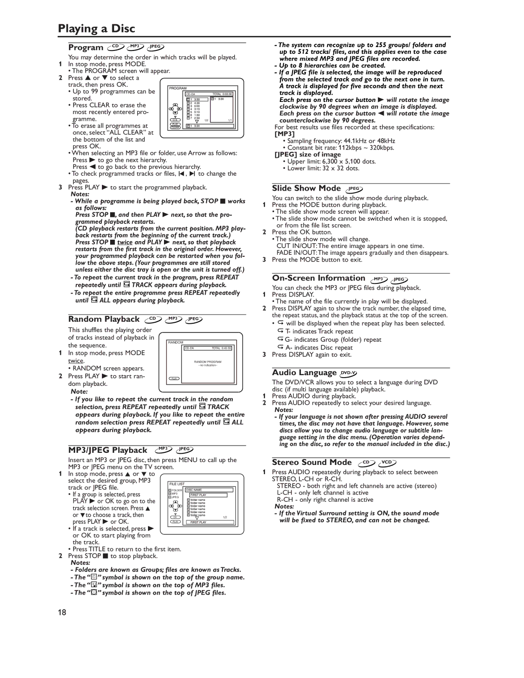 Philips DVP620VRDVP620VR manual Slide Show Mode Jpegjpeg, On-Screen Information MP3 Jpeg, Random Playback CD 