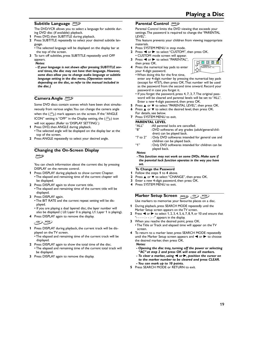 Philips DVP620VRDVP620VR manual Subtitle Language DVD-V, Camera Angle DVD-V, Changing the On-Screen Display 