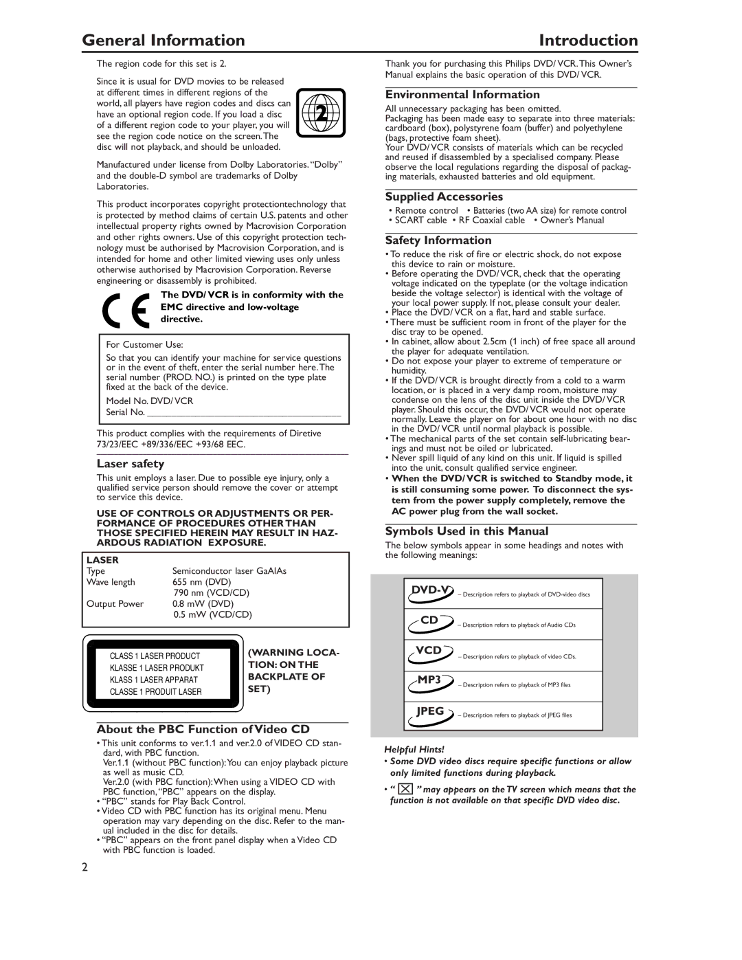 Philips DVP620VRDVP620VR manual General Information 