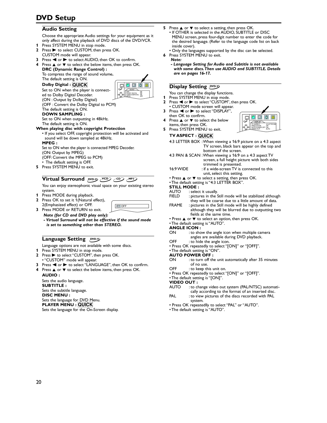Philips DVP620VRDVP620VR manual DVD Setup, Audio Setting, Display Setting DVD-V, Virtual Surround, Language Setting DVD-V 