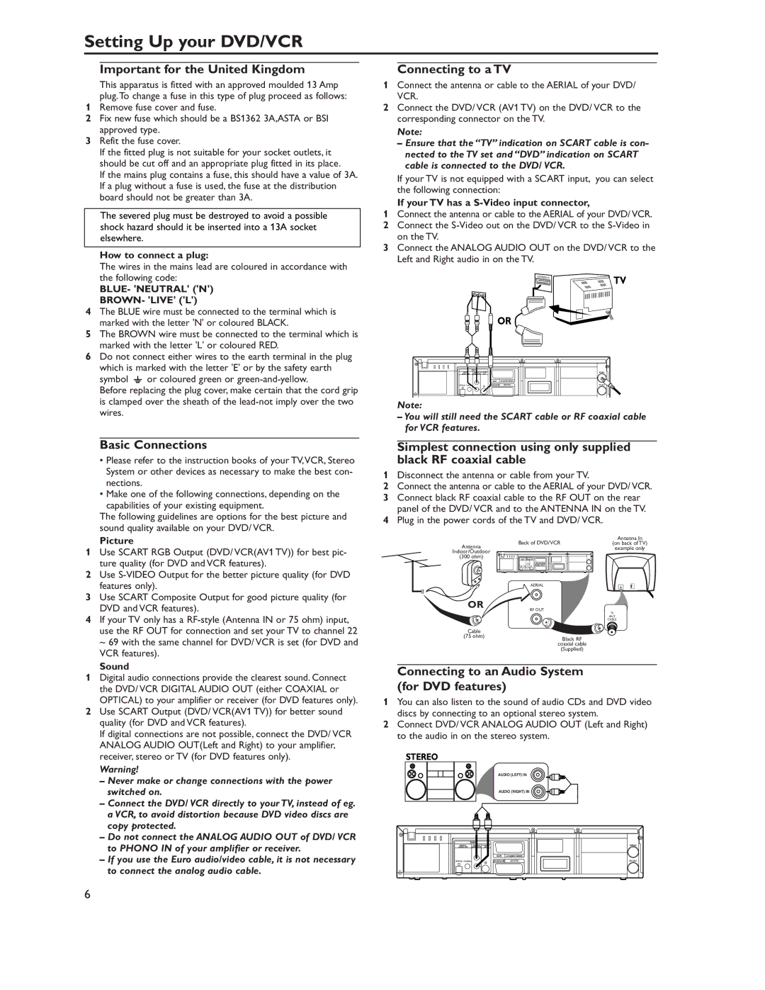 Philips DVP620VRDVP620VR Setting Up your DVD/VCR, Important for the United Kingdom, Basic Connections, Connecting to a TV 