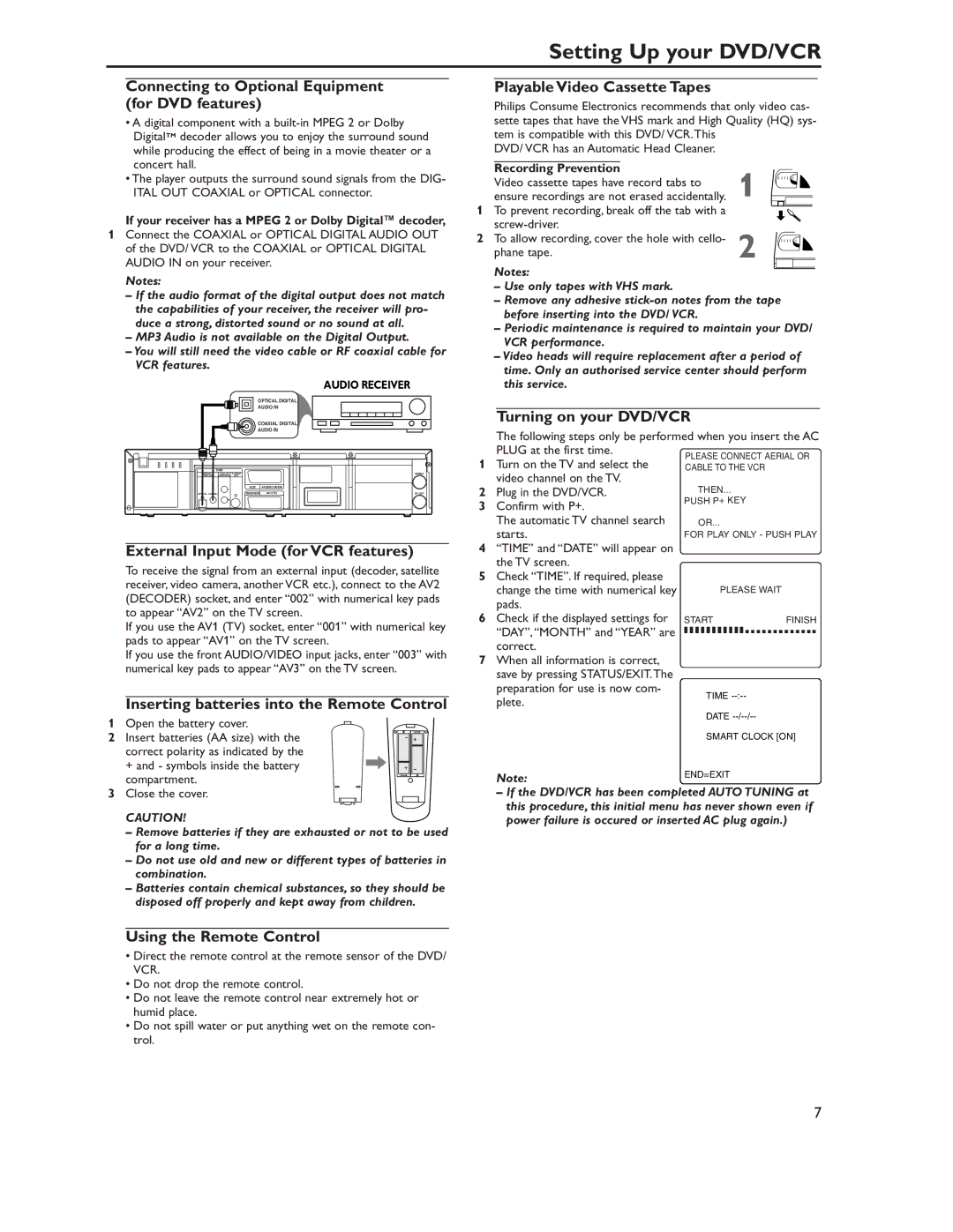 Philips DVP620VRDVP620VR manual Connecting to Optional Equipment for DVD features, External Input Mode for VCR features 