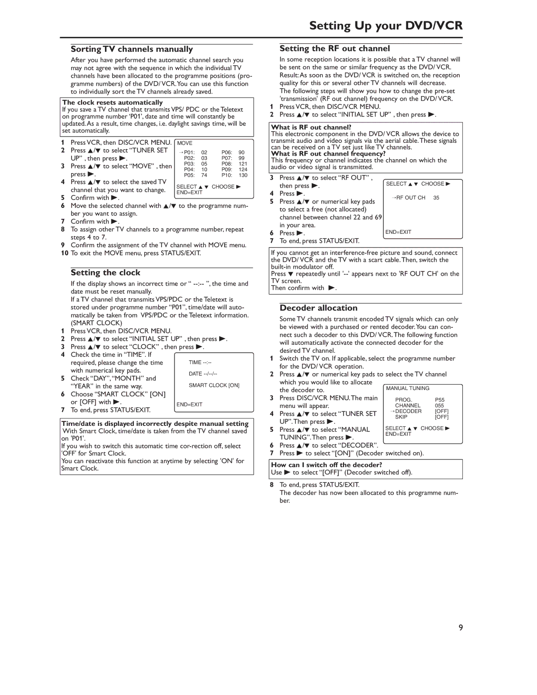 Philips DVP620VRDVP620VR Sorting TV channels manually, Setting the RF out channel, Setting the clock, Decoder allocation 