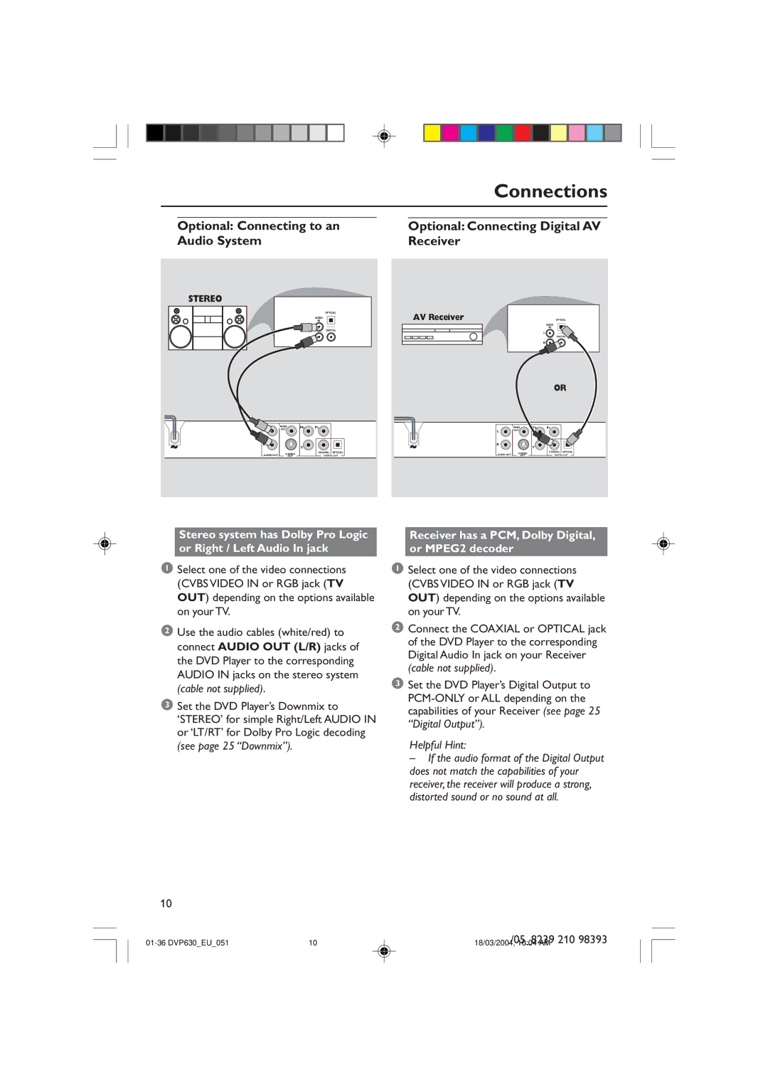 Philips DVP632, DVP630 manual Optional Connecting to an Audio System, Optional Connecting Digital AV Receiver 