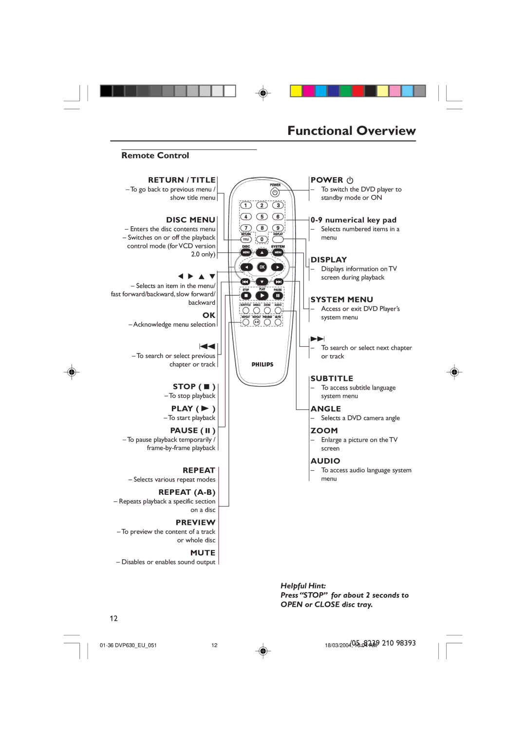 Philips DVP632, DVP630 manual Remote Control 