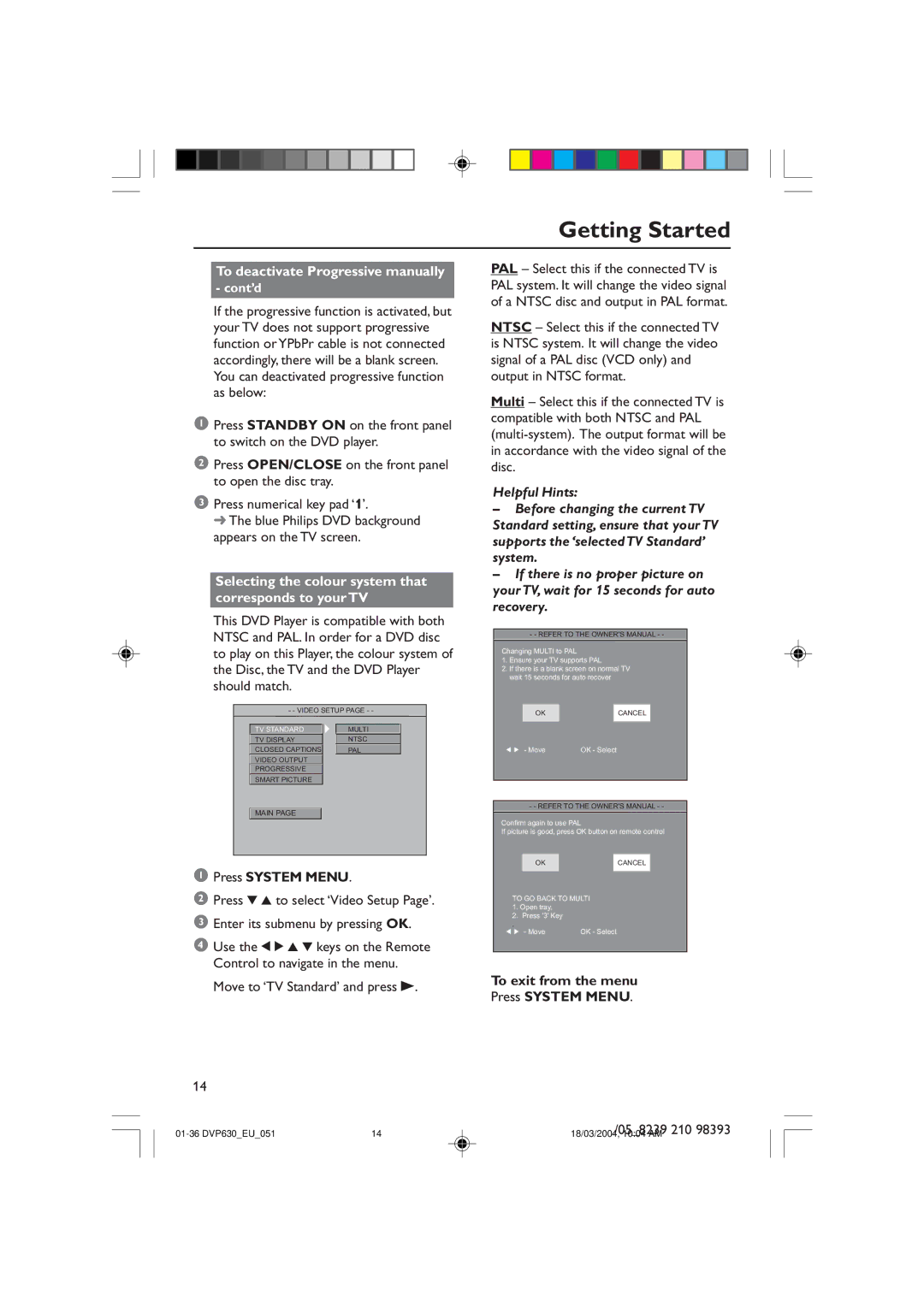 Philips DVP632, DVP630 manual Getting Started, To exit from the menu Press System Menu 