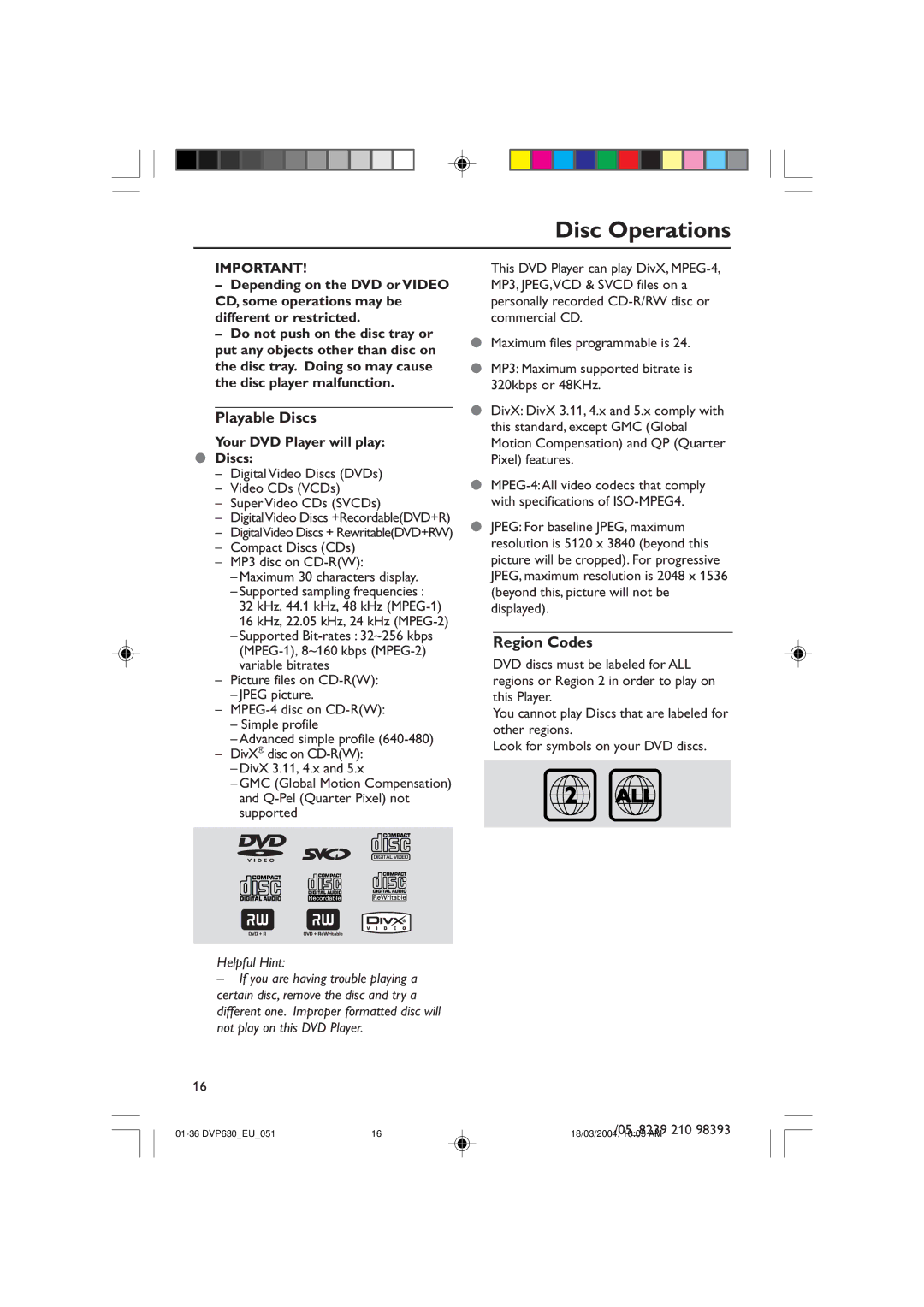 Philips DVP632, DVP630 manual Disc Operations, Playable Discs, Region Codes, Your DVD Player will play Discs 