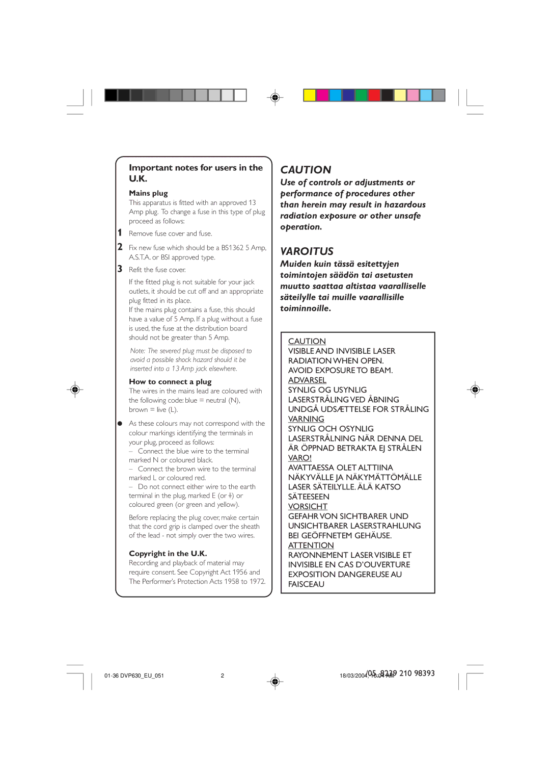 Philips DVP632, DVP630 manual Important notes for users in the U.K, Mains plug 