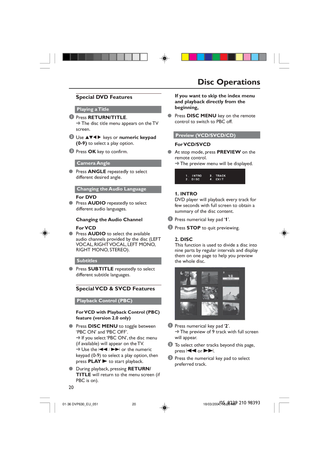 Philips DVP632, DVP630 manual Special DVD Features, Special VCD & Svcd Features, Intro, Disc 