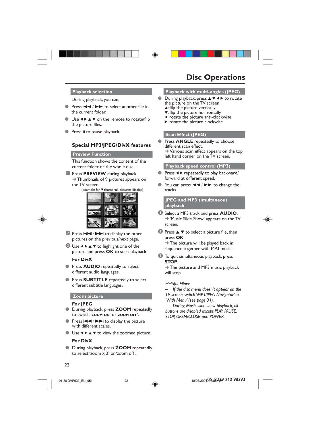 Philips DVP632, DVP630 manual Special MP3/JPEG/DivX features 