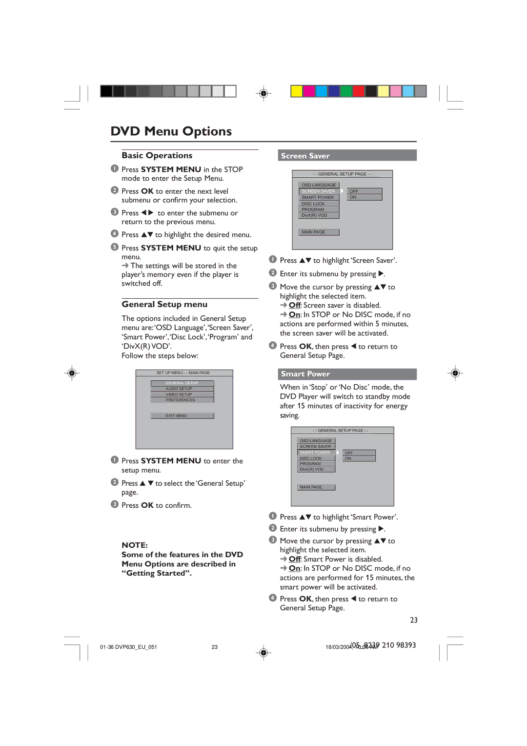 Philips DVP630, DVP632 manual DVD Menu Options, Basic Operations, General Setup menu, Screen Saver, Smart Power 