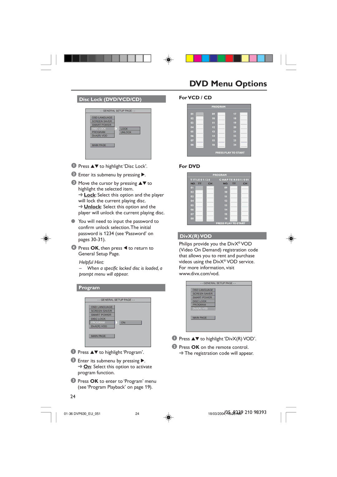 Philips DVP632, DVP630 manual Disc Lock DVD/VCD/CD, For VCD / CD, DivXR VOD 