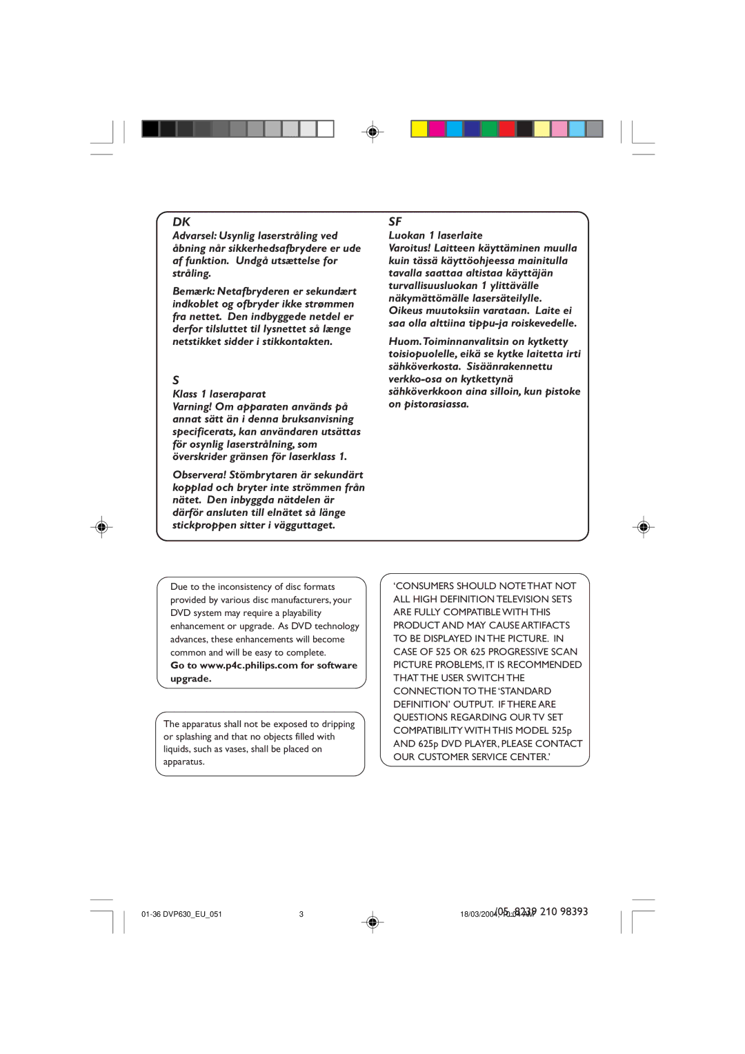 Philips DVP630, DVP632 manual Klass 1 laseraparat 